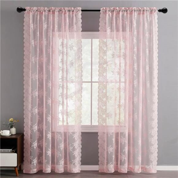 Pink Sheer Curtains for Girls Bedroom - Vintage Floral Sheer Lace Curtains - Picture 2 of 7